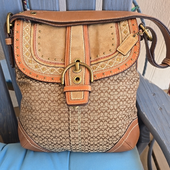 Coach Handbags - Coach Y2K Brown and Tan Suede 14" H X 12 W Shoulder Bag with Signature Jacquard